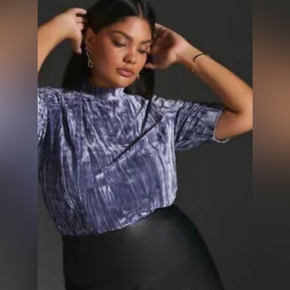 Anthropologie Pilcro mock neck slate blue velveteen short sleeve top